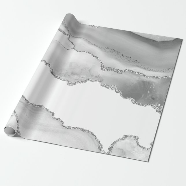 Papier Cadeau Marbre blanc gris Agate Parties scintillant argent (Déroulé)