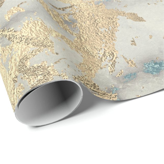 Papier Cadeau Marbre Champaigne Gold Sepia Blue Metal Strokes (Coin rond)