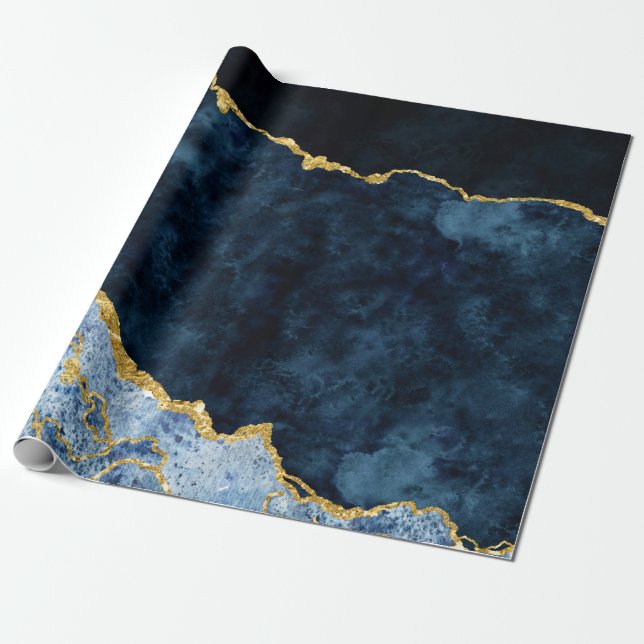 Papier Cadeau Marbre d'agrafe bleu marine et or (Déroulé)
