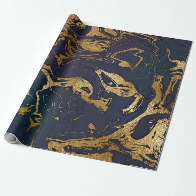 Papier Cadeau Marbre d'or de la Terre profonde Bleu vert profond (Déroulé)