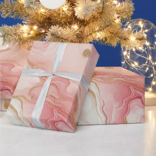 Papier Cadeau Marbre élégant rose et or rose feuille
