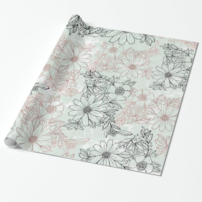 Papier Cadeau Marbre floral d'or Rose noir à la menthe moderne (Déroulé)