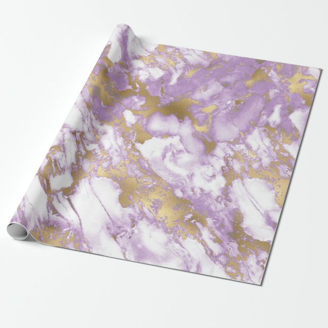 Papier Cadeau Marbre moderne clair violet, blanc et or (Déroulé)