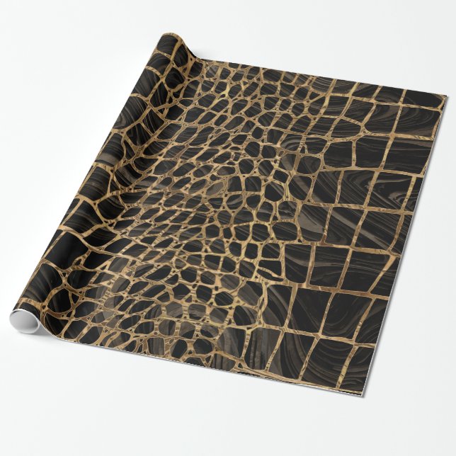 Papier Cadeau Marbre noir liquide Faux Crocodile et or (Déroulé)