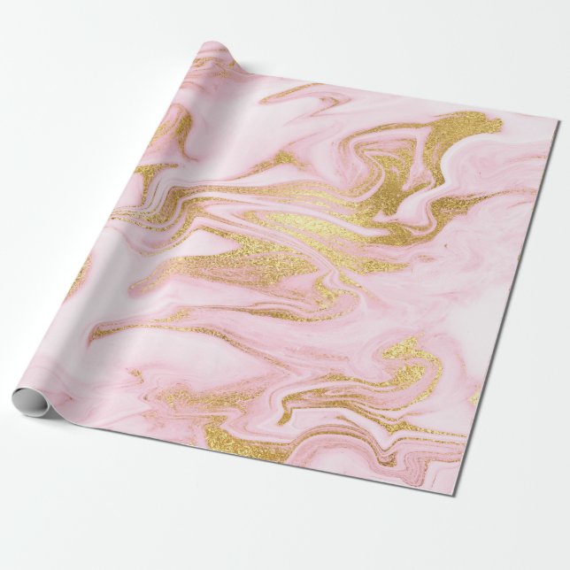 Papier Cadeau Marbre rose blanc pastel Brosses dorées brillantes (Déroulé)