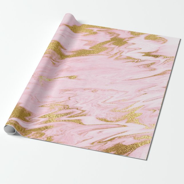 Papier Cadeau Marbre rose pastel Brosses dorées brillantes (Déroulé)