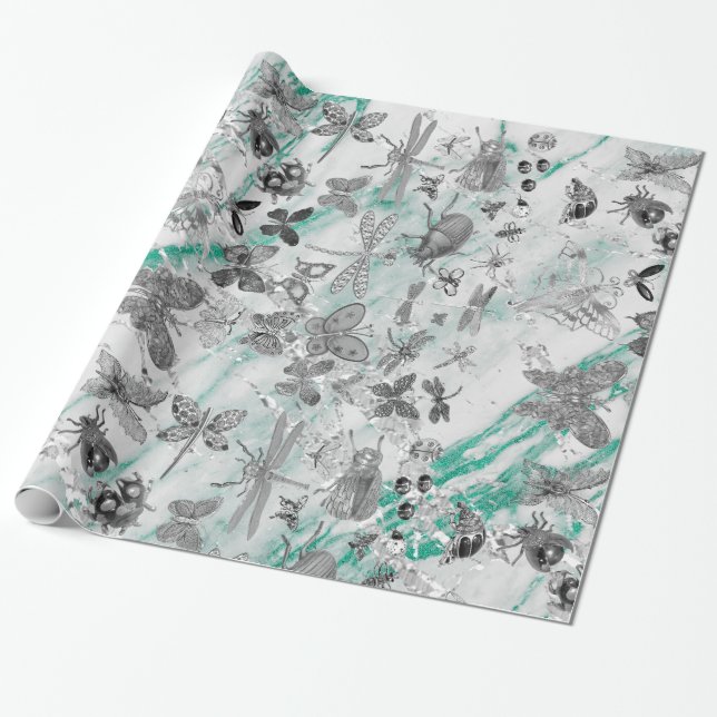 Papier Cadeau Marbre Tiffany Grey Meadow Butterfly Insectes Gems (Déroulé)
