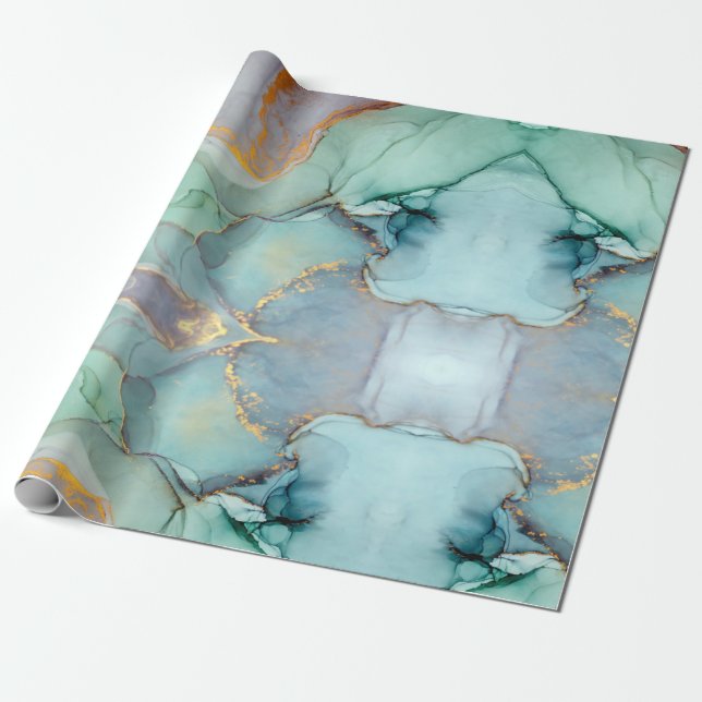 Papier Cadeau Marbre vert bleu or assez (Déroulé)