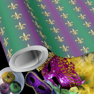 Papier Cadeau Mardi Gras Gold Fleur-De-Lis sur violet et vert
