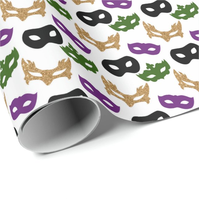 Papier Cadeau Mardi Gras Masque Purple Vert Faux Or Noir (Coin rond)