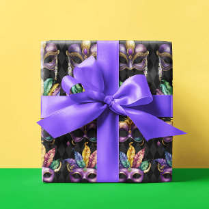 Papier Cadeau Mardi Gras Masques Vert Violet Or Jaune