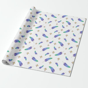 Papier Cadeau Mardi Gras Plumes et Fleur de Lis Motif