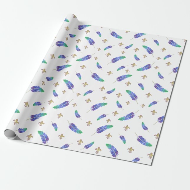 Papier Cadeau Mardi Gras Plumes et Fleur de Lis Motif (Déroulé)