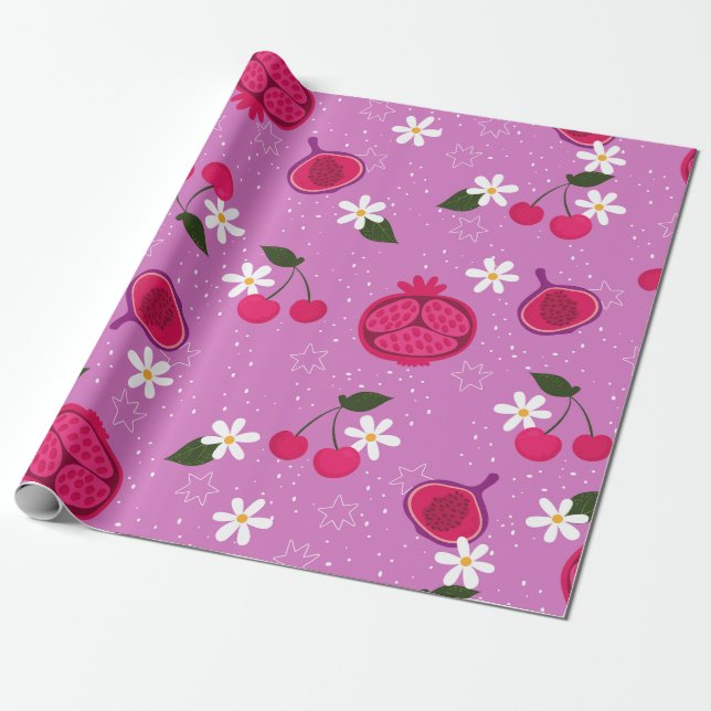 Papier Cadeau marguerite fleurie de cerise de grenade violette (Déroulé)