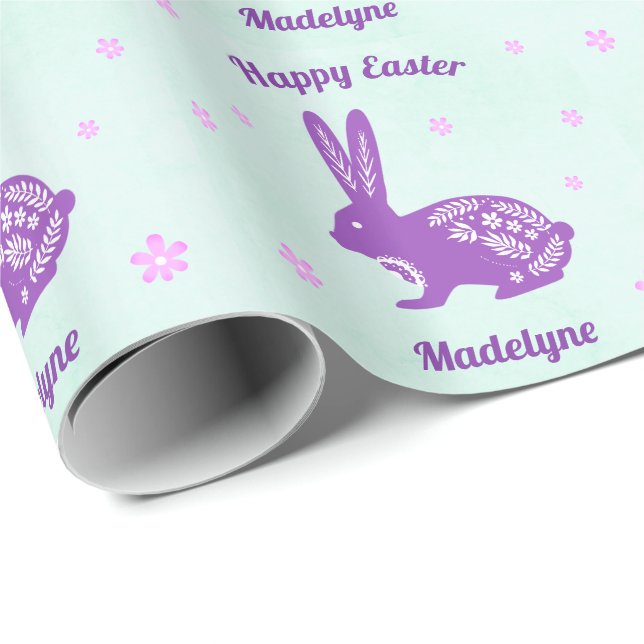 Papier Cadeau Marguerite lapin de Pâques Marguerite violet perso (Coin rond)