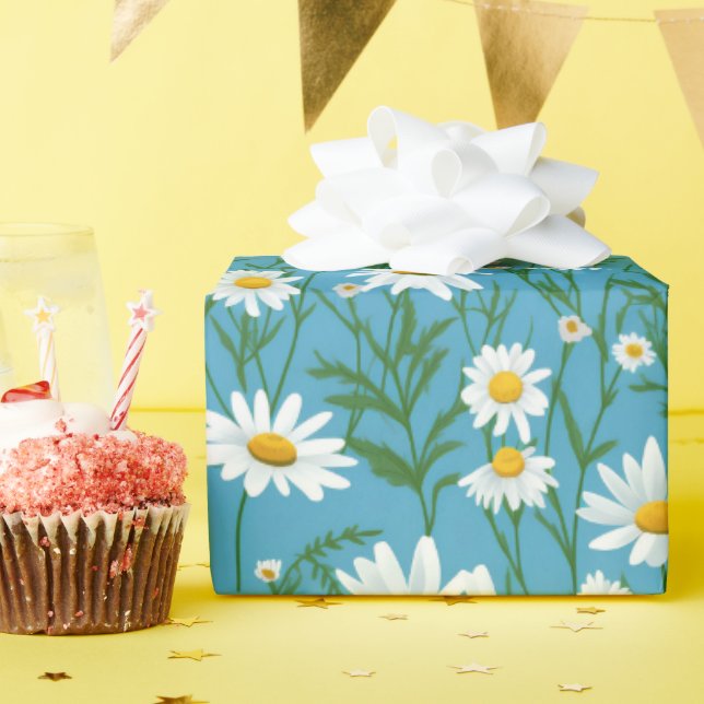 Papier Cadeau Marguerites Blanches D'Été Sur Aqua (Fête d'anniversaire)