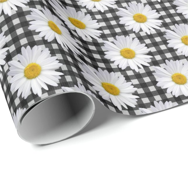 Papier Cadeau Marguerites blanches sur En vichy (Coin rond)