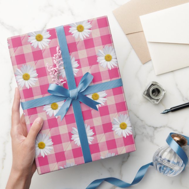 Papier Cadeau Marguerites blanches sur En vichy rose et blanc (Cadeaux)