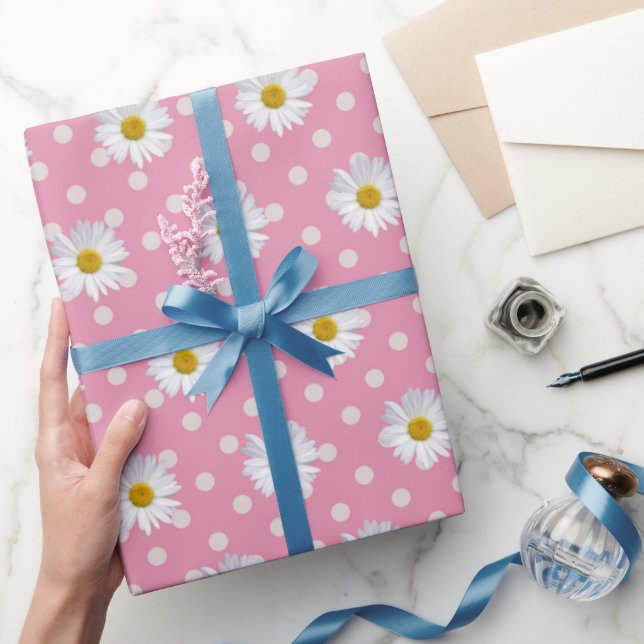 Papier Cadeau Marguerites blanches sur Pois (Cadeaux)