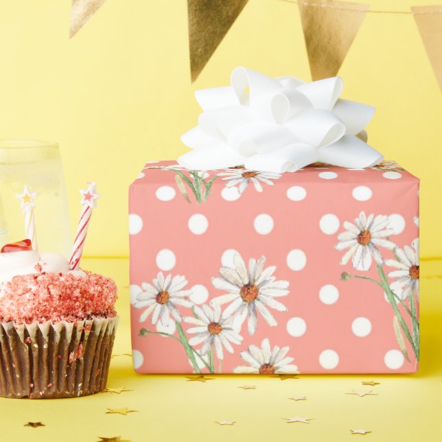 Papier Cadeau Marguerites blanches sur Pois (Fête d'anniversaire)