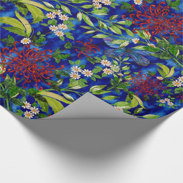 Papier Cadeau Marguerites et papillons d'aquarelle bleus (Coin)