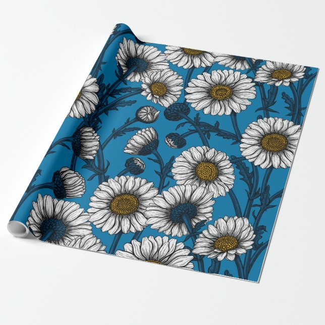 Papier Cadeau Marguerites sur bleu (Déroulé)