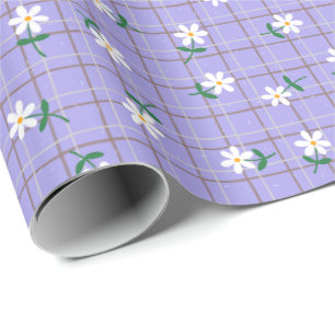 Papier Cadeau Marguerites sur Carreaux Violets (grande échelle)