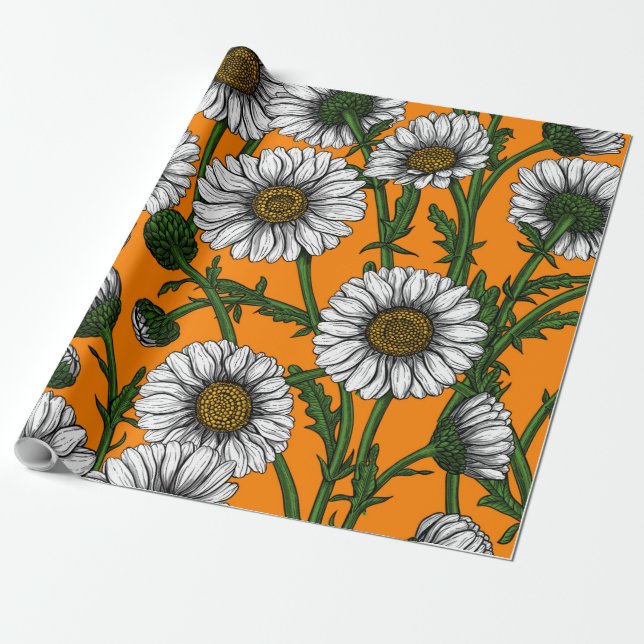 Papier Cadeau Marguerites sur orange (Déroulé)