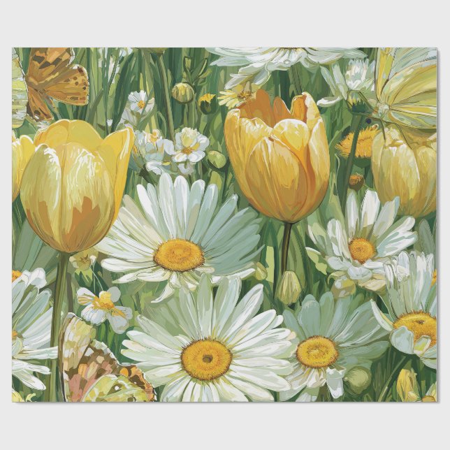 Papier Cadeau Marguerites, Tulipes & Papillons (Plat)