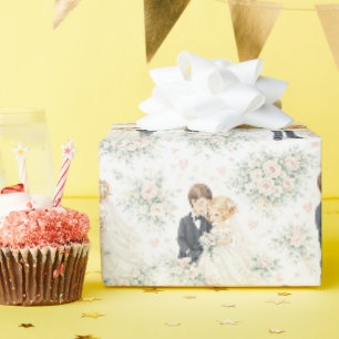 Papier Cadeau Mariage Aquarelle Mariée Blonde Époux Fleurs