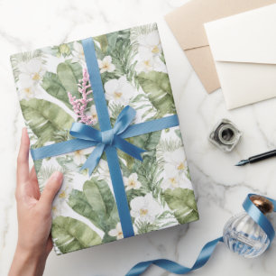 Papier Cadeau Mariage aux Orchidées Blanches et Feuilles Vertes