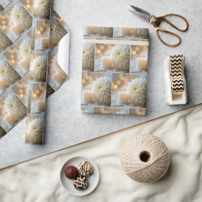 Papier Cadeau Mariage blanc Chrysanthemum et bougie (Artisanat)