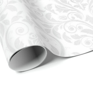 Papier Cadeau Mariage Blanc Damas Stylisé Coeur et Rose Wrappin