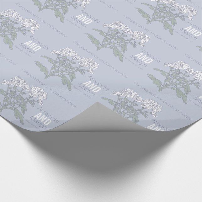 Papier Cadeau Mariage chrysanthemum blanc nom date emballage (Coin)