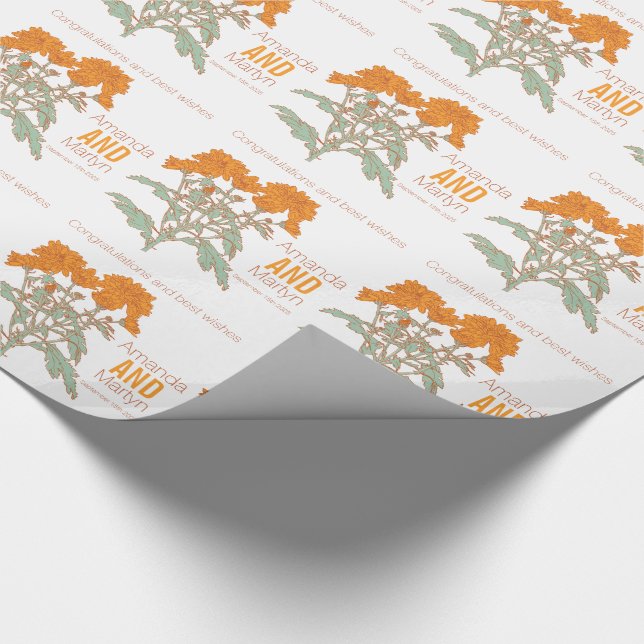 Papier Cadeau Mariage chrysanthemum orange nom date envelopper (Coin)