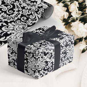 Papier Cadeau Mariage damassé florale moderne noir & blanc éléga
