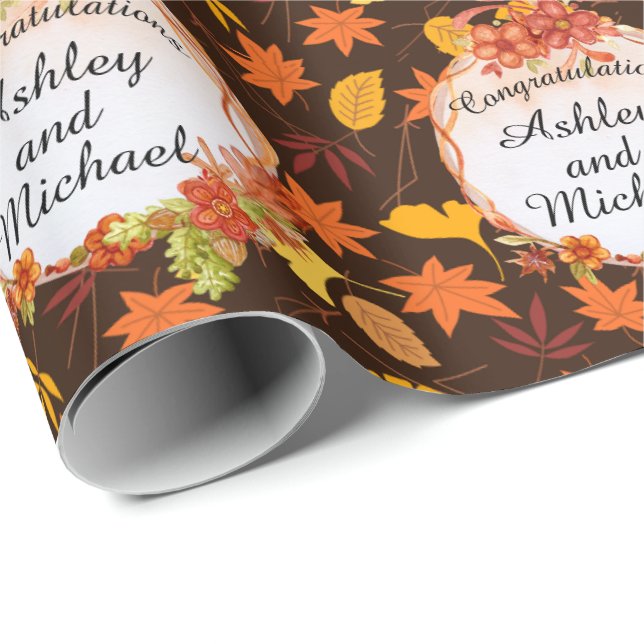 Papier Cadeau Mariage de automne Personnaliser les noms Feuilles (Coin rond)