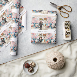 Papier Cadeau Mariage de chat avec mariée et chambre