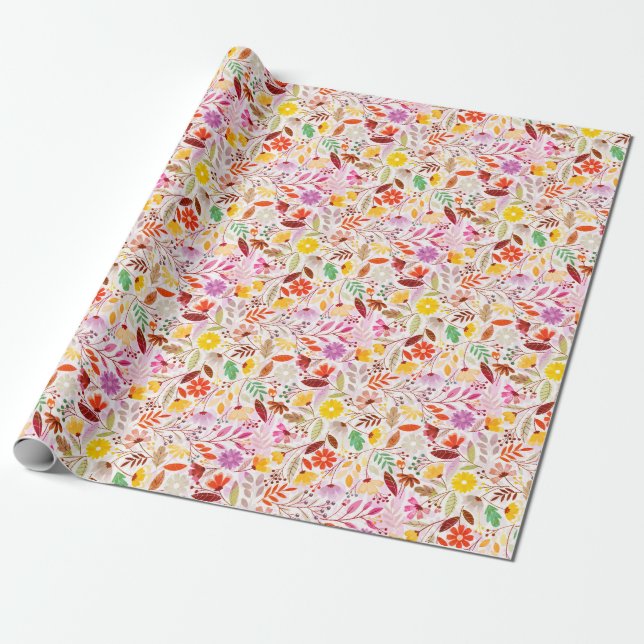 Papier Cadeau Mariage de fleurs de printemps bleu orange marine (Déroulé)