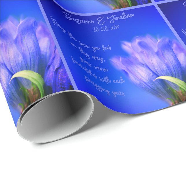 Papier Cadeau Mariage de fleurs Gentien Bleu Personnalisé (Coin rond)