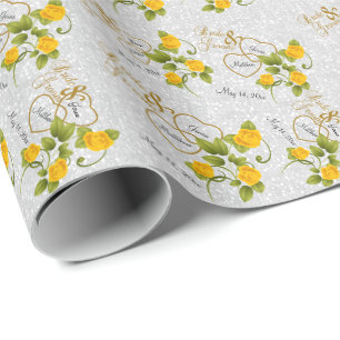 Papier Cadeau Mariage élégant avec Roses Jaunes & Or