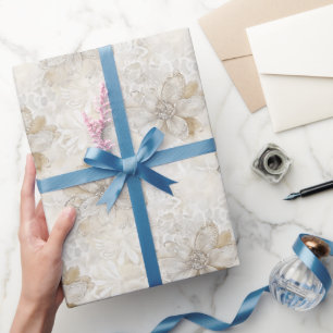 Papier Cadeau Mariage Fleur de Rose en Dentelle Crème Romantique