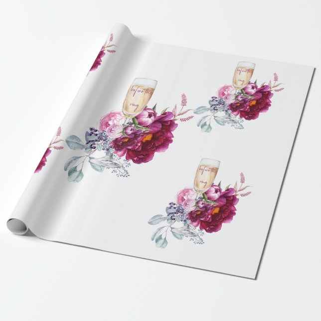 Papier Cadeau Mariage Fleur Magenta Champagne Avant la Bague (Déroulé)