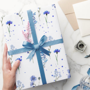 Papier Cadeau Mariage Fleur Sauvage Aquarelle Bleue