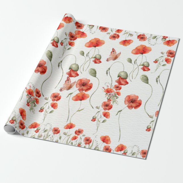 Papier Cadeau Mariage fleur sauvage rouge de la couleur d'eau (Déroulé)
