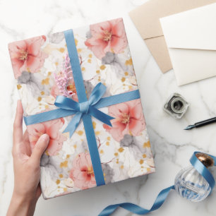 Papier Cadeau Mariage Fleurie Corail Rose Gris