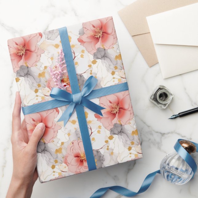 Papier Cadeau Mariage Fleurie Corail Rose Gris (Cadeaux)