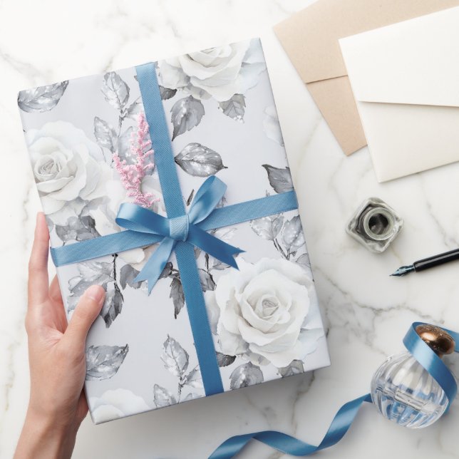Papier Cadeau Mariage floral blanc gris chic (Cadeaux)