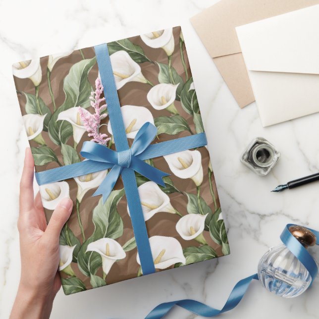 Papier Cadeau Mariage Floral Lilas d'Arum Marron Blanc (Cadeaux)