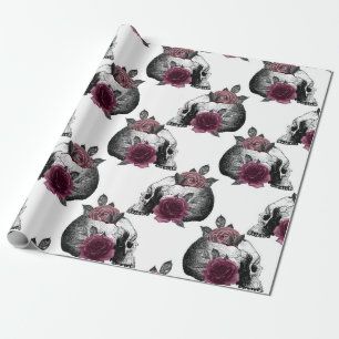 Papier Cadeau Mariage gothique de crânes floraux de Bourgogne fa